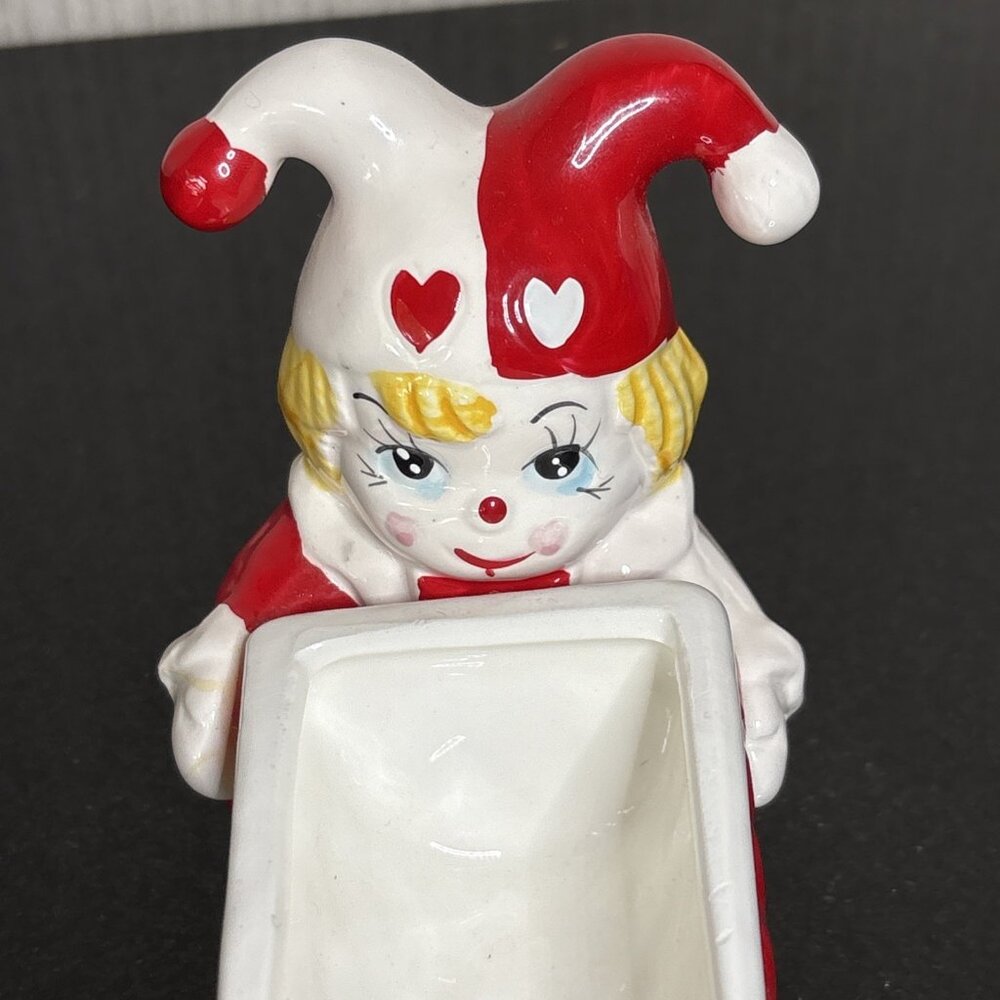 Vintage Harlequin Pixie Dish MCM Ceramic Candy Red Holiday Jester Vanity Holder - Picture 2 of 12